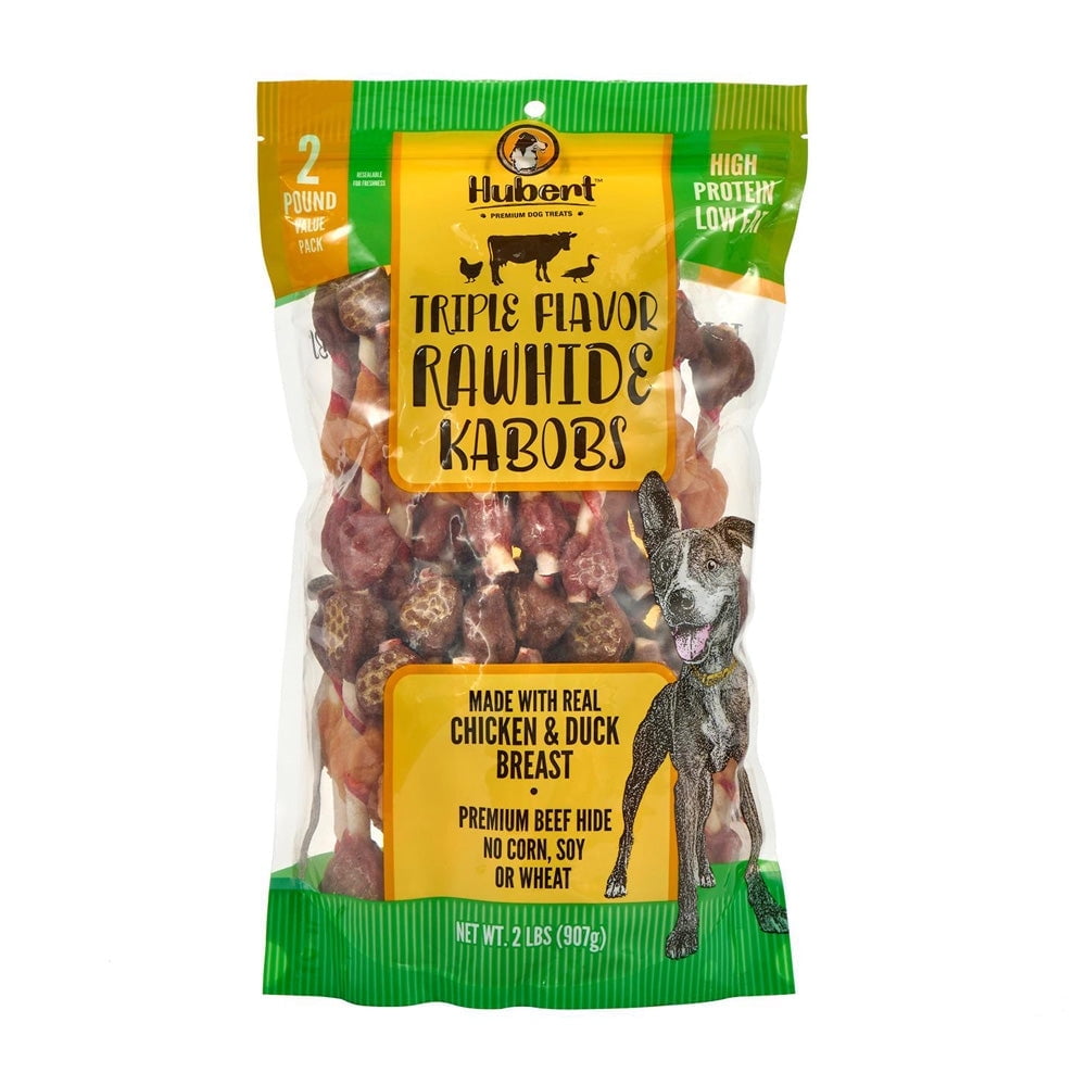 Hubert Pet Triple Flavored Rawhide Kabobs - Chicken, Duck & Pork Hide Dog Treats, Grain Free, Low Ingredient, USA Tested - 2 lbs Value Pack
