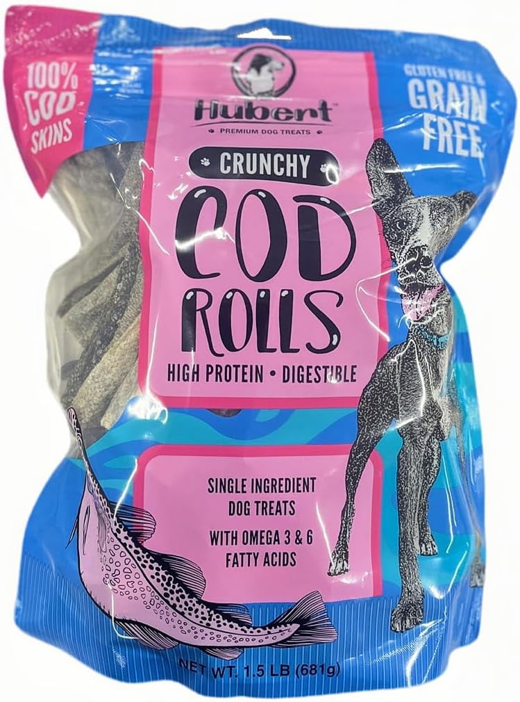 Hubert Pet Premium Cod Skin Roll Dog Treats, Grain Free, Single Ingredient, USA Tested - 1.5 lbs Super Value Pack