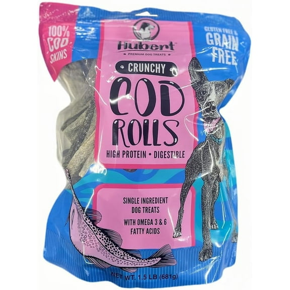 Hubert Pet Premium Cod Skin Roll Dog Treats, Grain Free, Single Ingredient, USA Tested - 1.5 lbs Super Value Pack