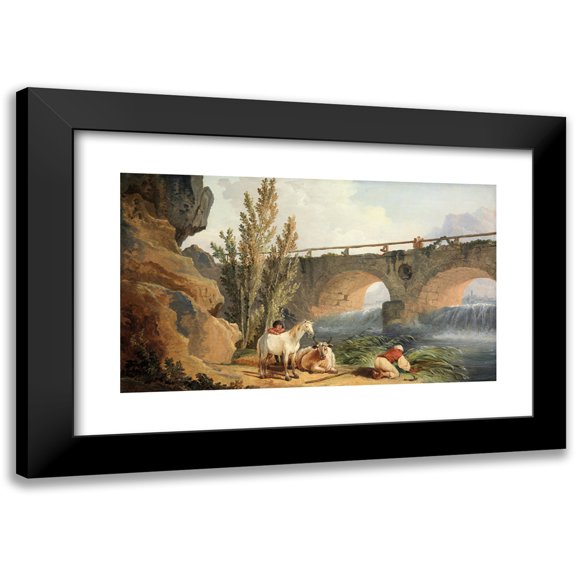 Hubert Robert 14x10 Black Modern Framed Museum Art Print Titled - Bridge Over a Cascade