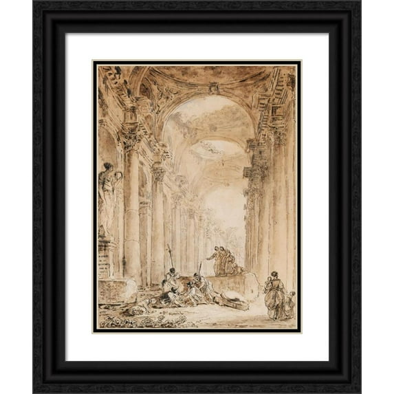 Hubert Robert 15x18 Black Ornate Wood Framed Double Matted Museum Art Print Titled - Architectural Composition with Ruins (1776)