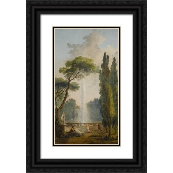 Hubert Robert 15x24 Black Ornate Framed Double Matted Museum Art Print Titled: View of a Garden with a Large Fountain at Center and Figures Relaxing and Dancing in the Foreground