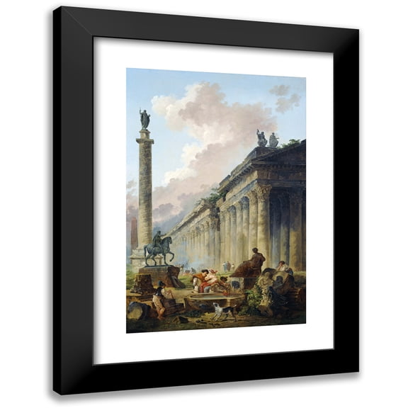 Hubert Robert 17x24 Black Modern Framed Museum Art Print Titled - Imaginary View of Rome with Equestrian Statue of Marcus Aurelius, the Column of Trajan and a Temple