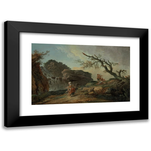 Hubert Robert 18x13 Black Modern Framed Museum Art Print Titled - La Cascade; a Rocky Hillside with a Peasant Woman and Child Near a Waterfall and Boys Resting by a Blasted Tree