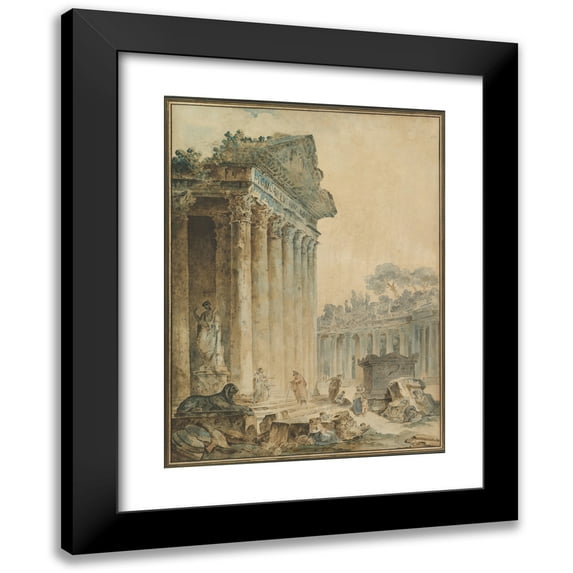 Hubert Robert 19x24 Black Modern Framed Museum Art Print Titled - Capriccio with an Ancient Temple (ca. 1756)