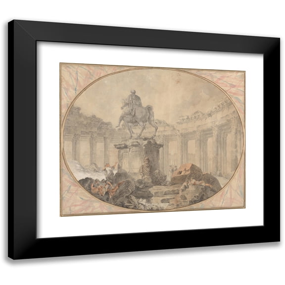 Hubert Robert 23x20 Black Modern Framed Museum Art Print Titled - Equestrian Statue of Marcus Aurelius (1757)
