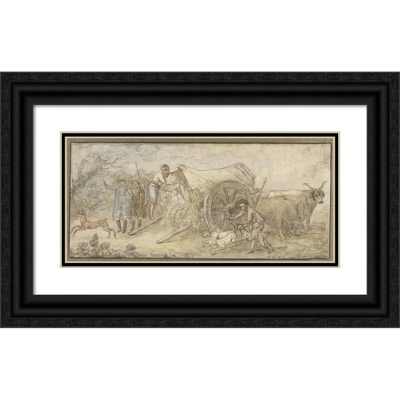 Hubert Robert 24x13 Black Ornate Framed Double Matted Museum Art Print Titled: Covered Wagon in the Campagna (1765)