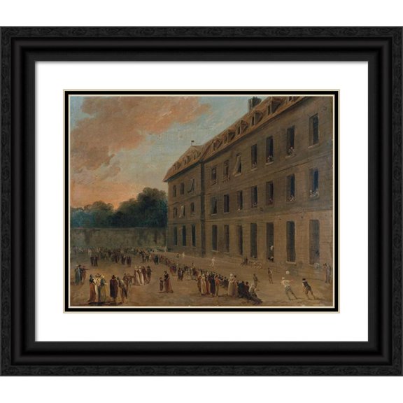 Hubert Robert 24x20 Black Ornate Framed Double Matted Museum Art Print Titled: Recreation of Prisoners in Saint-Lazare; the Ballon Part (1794)