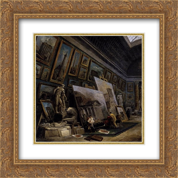 Hubert Robert 2x Matted 20x20 Gold Ornate Framed Art Print 'Imaginary View of the Grande Galerie in the Louvre (detail)'