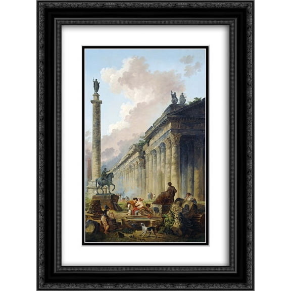 Hubert Robert 2x Matted 20x24 Black Ornate Framed Art Print 'Imaginary View of Rome with Equestrian Statue of Marcus Aurelius, the Column of Trajan and a Temple'