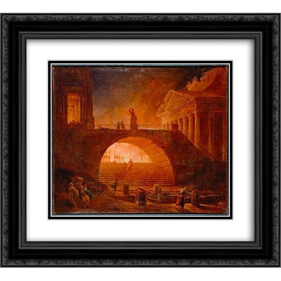 Hubert Robert 2x Matted 24x20 Black Ornate Framed Art Print 'The Fire of Rome, 18 July 64 AD'