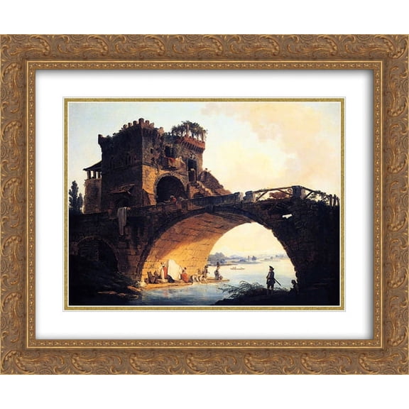 Hubert Robert 2x Matted 24x20 Gold Ornate Framed Art Print 'The Old Bridge'
