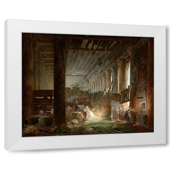 Hubert Robert 4x14 White Modern Wood Framed Wall Art Titled - A Hermit Praying in the Ruins of a Roman Temple