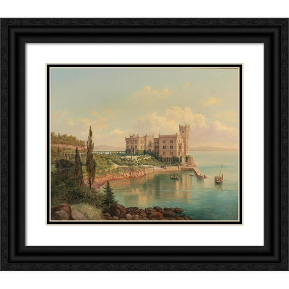 Hubert Sattler 14x12 Black Ornate Wood Framed Double Matted Museum Art Print Titled: View of Miramare Castle Near Trieste