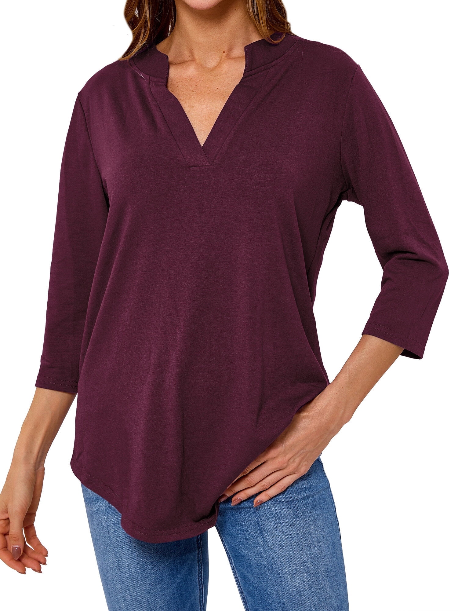 Hubery Womens V Neck 34 Sleeve Pullover Top Relaxed Fit Solid Color Cotton Blend 1 Pack 5996