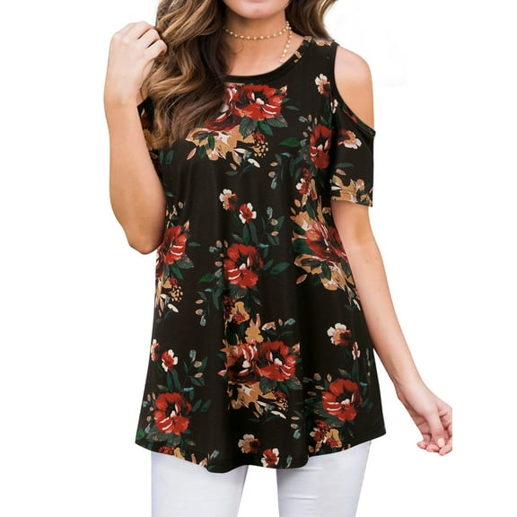Hibeli Women Floral Paisley Print Summer T Shirts Cold Shoulder Tunic Top Blouse