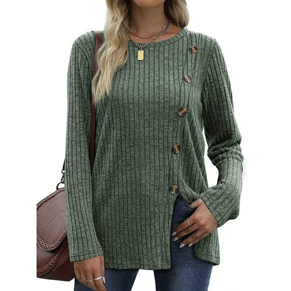 Hubery Women Long Sleeve Crew Neck Tunic Tops Buttons Side Fall Ribbed Knit Shirts
