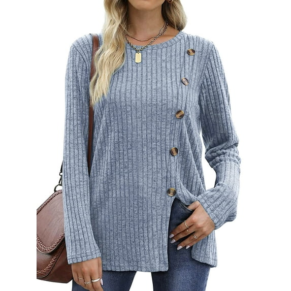 Hubery Women Long Sleeve Crew Neck Tunic Tops Buttons Side Fall Ribbed Knit Shirts