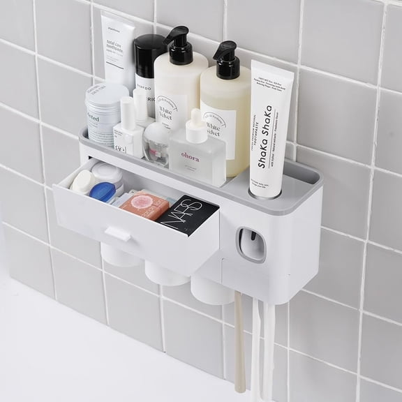 HubiCare  Holder with  Dispenser Wall Mounted for Bathroom, Automatic  Squeezer, Bathroom Organization and Storage, 5  Slots (3 Cups)