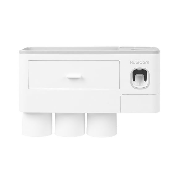 HubiCare Toothbrush Holder with Toothpaste Dispenser Wall Mounted for Bathroom, Automatic Toothpaste Squeezer, Bathroom Organization and Storage, 5 Toothbrush Slots (3 Cups)