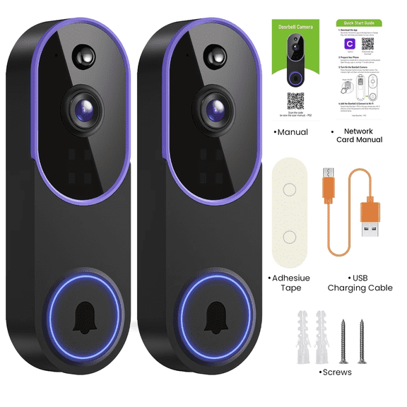 Hubposh 2pcs Smart 1080p Video Doorbell Camera, Live View, AI Human Detection, 2-Way Audio, Night Vision, Cloud Storage (Receiver Not Included)