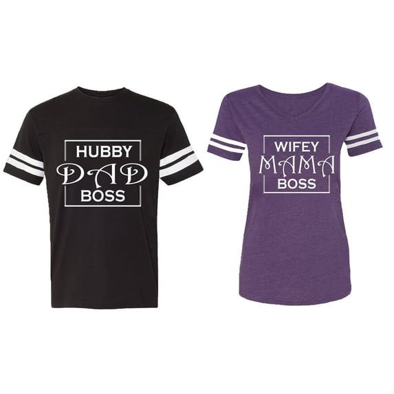 Hubs Dad Mama Boss Matching Couple Cotton Jerseys (Men Black / Women Purple) (Men XXL / Women S)