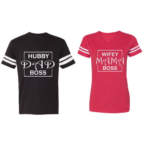 Hubs Dad Mama Boss Matching Couple Cotton Jerseys (Men Black / Women Red) (Men XXXL / Women XXL)