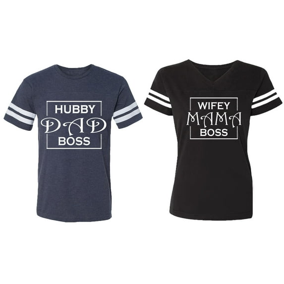 Hubs Dad Mama Boss Matching Couple Cotton Jerseys (Men Navy / Women Black) (Men S / Women S)