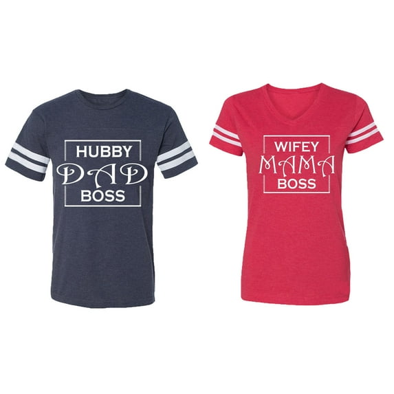 Hubs Dad Mama Boss Matching Couple Cotton Jerseys (Men Navy / Women Red) (Men XL / Women M)
