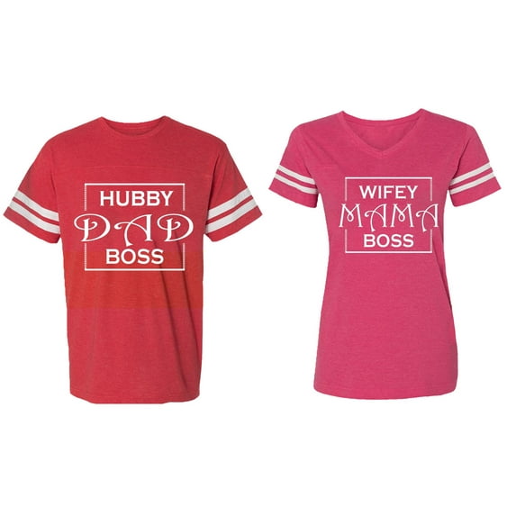 Hubs Dad Mama Boss Matching Couple Cotton Jerseys (Men Red / Women Pink) (Men L / Women XXL)