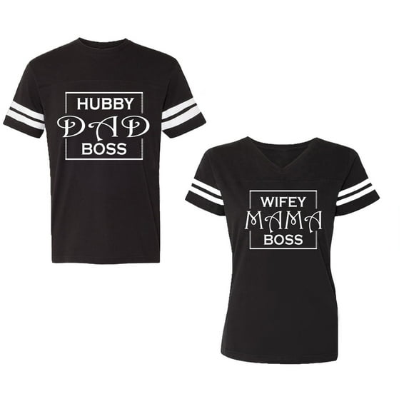 Hubs Dad Mama Boss Unisex Couple Matching Cotton Jersey style T-Shirt Contrasting stripes on sleeves (Men Black / Women Black) (Men S / Women S)