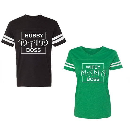 Hubs Dad Mama Boss Unisex Couple Matching Cotton Jersey style T-Shirt Contrasting stripes on sleeves (Men Black / Women Green) (Men XXXL / Women XXL)