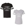 thumbnail image 1 of Hubs Dad Mama Boss Unisex Couple Matching Cotton Jersey style T-Shirt Contrasting stripes on sleeves (Men Black / Women Heather) (Men M / Women M), 1 of 3