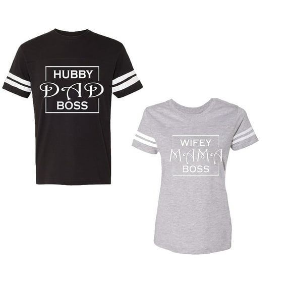 Hubs Dad Mama Boss Unisex Couple Matching Cotton Jersey style T-Shirt Contrasting stripes on sleeves (Men Black / Women Heather) (Men XXL / Women M)