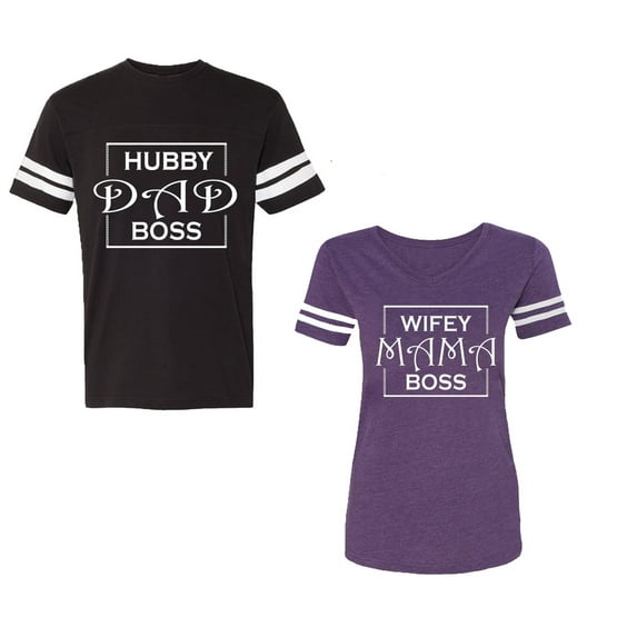 Hubs Dad Mama Boss Unisex Couple Matching Cotton Jersey style T-Shirt Contrasting stripes on sleeves (Men Black / Women Purple) (Men M / Women XXL)