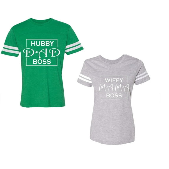 Hubs Dad Mama Boss Unisex Couple Matching Cotton Jersey style T-Shirt Contrasting stripes on sleeves (Men Green / Women Heather) (Men M / Women S)