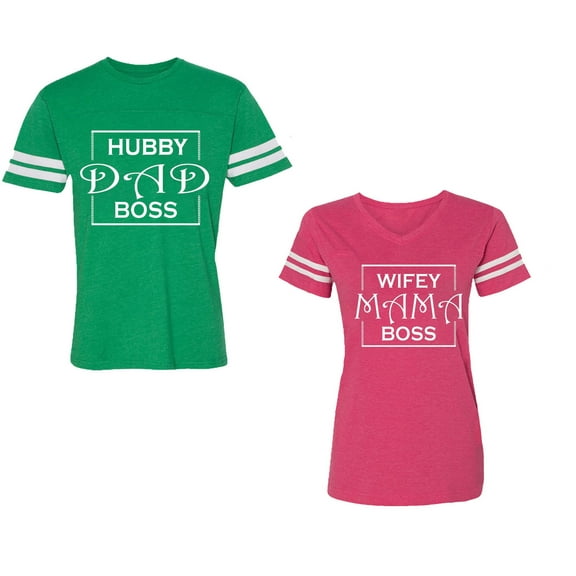 Hubs Dad Mama Boss Unisex Couple Matching Cotton Jersey style T-Shirt Contrasting stripes on sleeves (Men Green / Women Pink) (Men XXL / Women XXL)