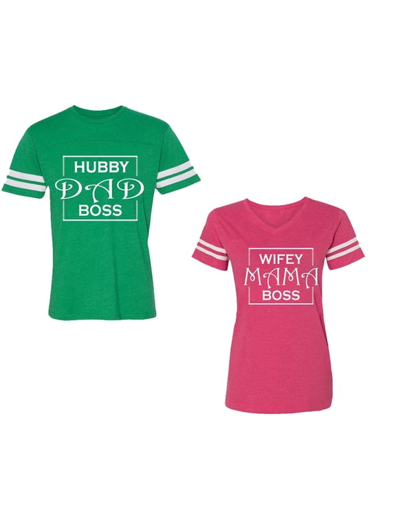 Hubs Dad Mama Boss Unisex Couple Matching Cotton Jersey style T-Shirt Contrasting stripes on sleeves (Men Green / Women Pink) (Men XXL / Women XXL)