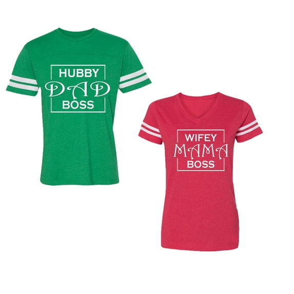 Hubs Dad Mama Boss Unisex Couple Matching Cotton Jersey style T-Shirt Contrasting stripes on sleeves (Men Green / Women Red) (Men XL / Women M)