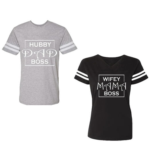 Hubs Dad Mama Boss Unisex Couple Matching Cotton Jersey style T-Shirt Contrasting stripes on sleeves (Men Heather / Women Black) (Men S / Women M)