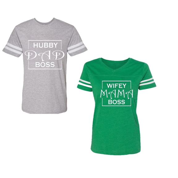 Hubs Dad Mama Boss Unisex Couple Matching Cotton Jersey style T-Shirt Contrasting stripes on sleeves (Men Heather / Women Green) (Men L / Women XL)