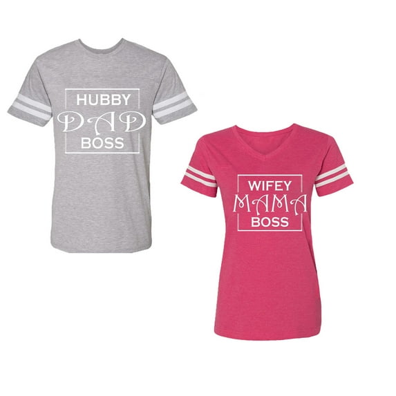 Hubs Dad Mama Boss Unisex Couple Matching Cotton Jersey style T-Shirt Contrasting stripes on sleeves (Men Heather / Women Pink) (Men XL / Women XL)