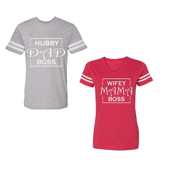 Hubs Dad Mama Boss Unisex Couple Matching Cotton Jersey style T-Shirt Contrasting stripes on sleeves (Men Heather / Women Red) (Men XXL / Women S)