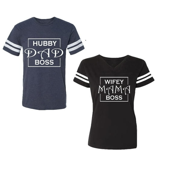 Hubs Dad Mama Boss Unisex Couple Matching Cotton Jersey style T-Shirt Contrasting stripes on sleeves (Men Navy / Women Black) (Men S / Women S)