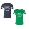 thumbnail image 1 of Hubs Dad Mama Boss Unisex Couple Matching Cotton Jersey style T-Shirt Contrasting stripes on sleeves (Men Navy / Women Green) (Men S / Women L), 1 of 3