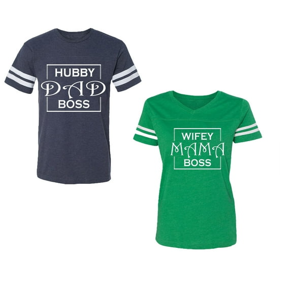 Hubs Dad Mama Boss Unisex Couple Matching Cotton Jersey style T-Shirt Contrasting stripes on sleeves (Men Navy / Women Green) (Men S / Women L)