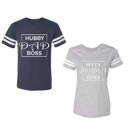 Hubs Dad Mama Boss Unisex Couple Matching Cotton Jersey style T-Shirt Contrasting stripes on sleeves (Men Navy / Women Heather) (Men XXL / Women S)