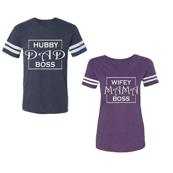 Hubs Dad Mama Boss Unisex Couple Matching Cotton Jersey style T-Shirt Contrasting stripes on sleeves (Men Navy / Women Purple) (Men M / Women M)