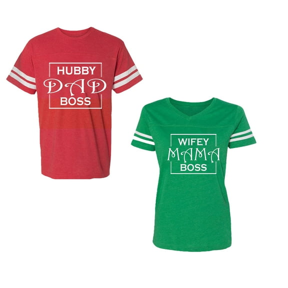 Hubs Dad Mama Boss Unisex Couple Matching Cotton Jersey style T-Shirt Contrasting stripes on sleeves (Men Red / Women Green) (Men S / Women XL)