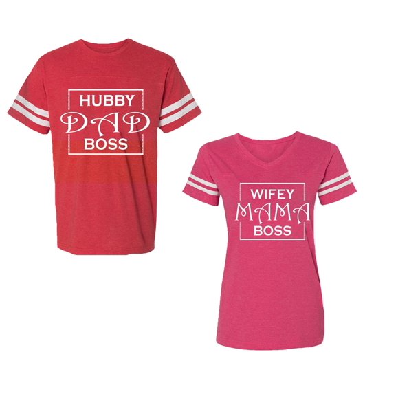 Hubs Dad Mama Boss Unisex Couple Matching Cotton Jersey style T-Shirt Contrasting stripes on sleeves (Men Red / Women Pink) (Men XXL / Women XL)
